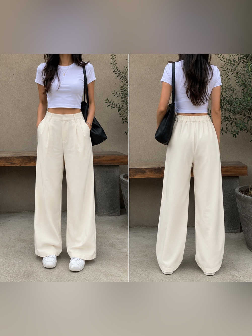 High-Rise Wide Leg Cream Trousers with Elastic Back Waist size Med - GUC